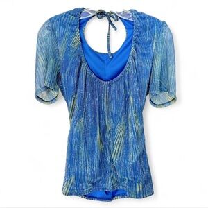 Sz XS/S NAF NAF Metallic Blue And Green Blouse With Puffy Sleeves & Back Keyhole